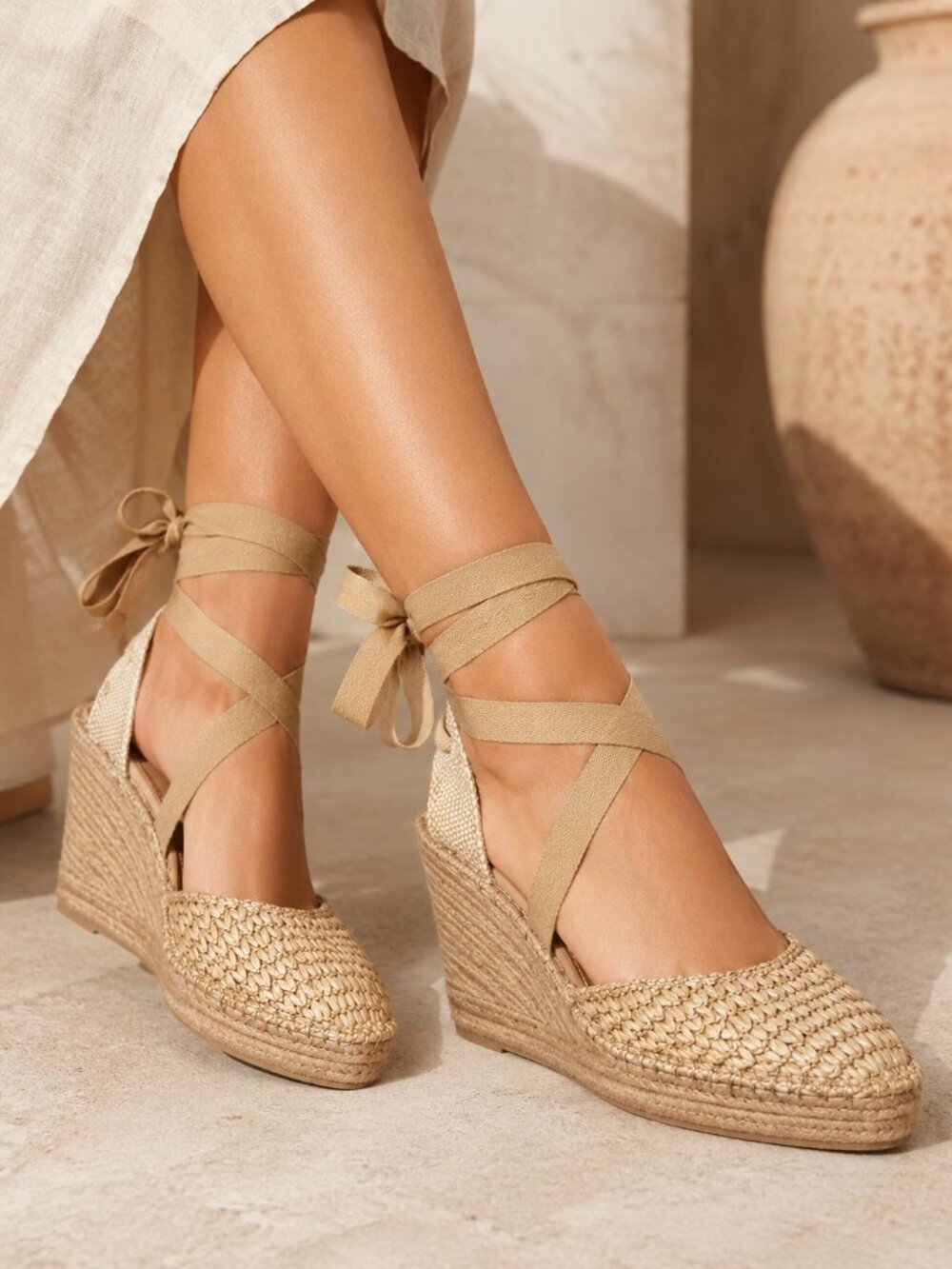 Zara Natural Woven Espadrille Wedge Sandals Sz 38